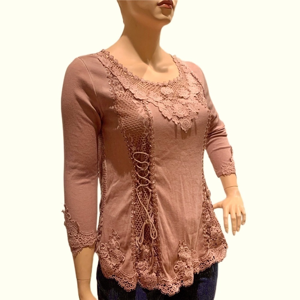 Renaissance Style Top Sz XL Festival Blush Nude Color Crocheted Long Sleeves NEW - Picture 4 of 14